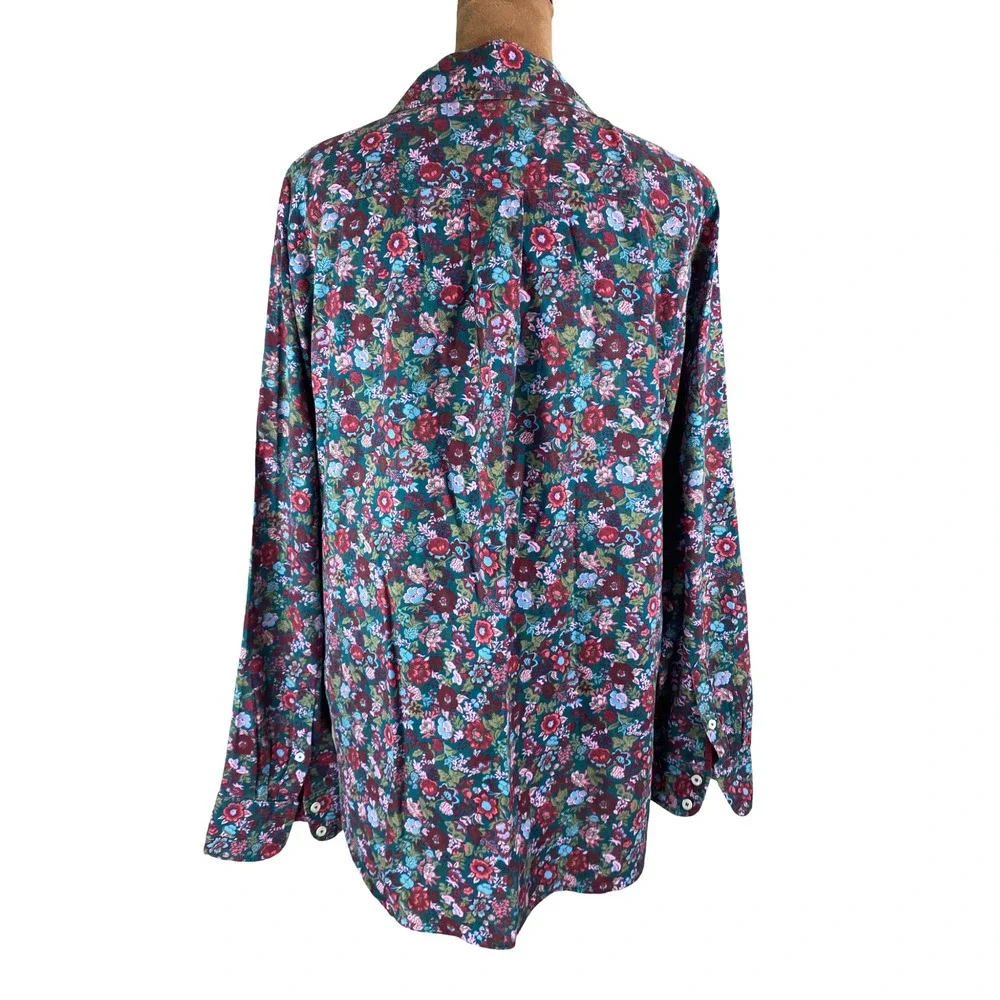Talbots Womens Floral Button Down Shirt Teal Burgundy Cotton Rayon Size L Fall
